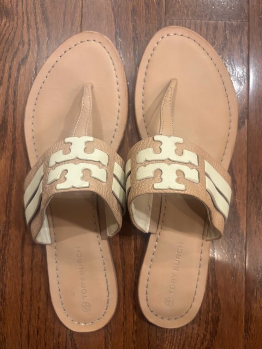 Tory Burch Leigh Leather Sandal Nude Ivory Flat Thong Slide | Size 10.5